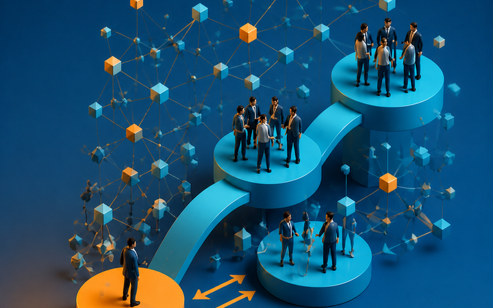 Ilustração de difusão da inovação com pessoas conectadas em rede mostrando adoção de novas ideias no mercado