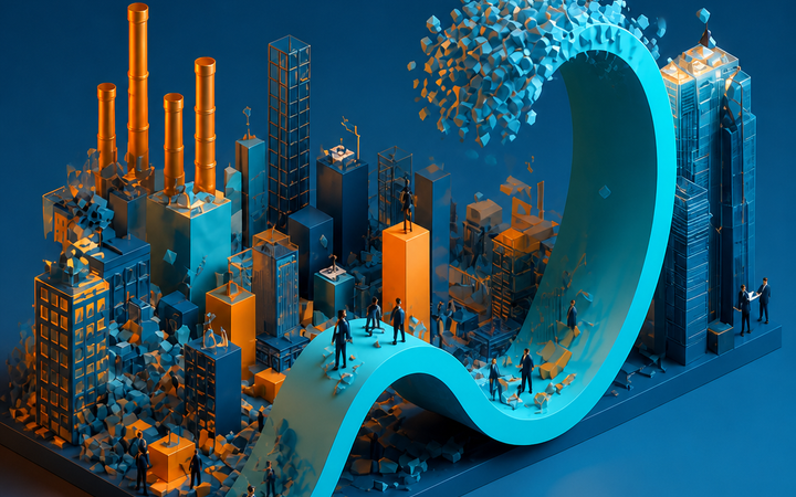 Ilustração de inovação empresarial com cidade em crescimento e curva representando evolução e desenvolvimento econômico