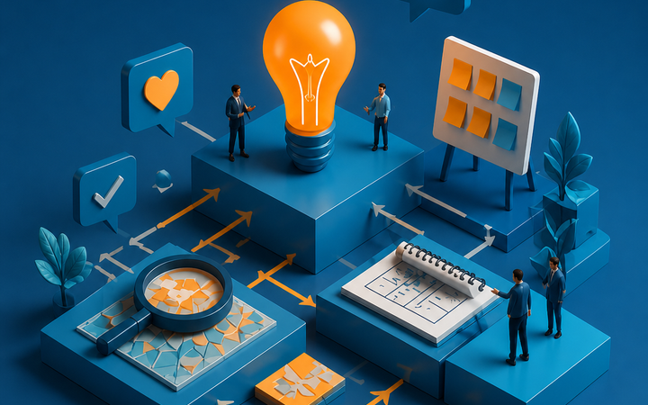 Ilustração 3D de Design Thinking com equipe analisando ideias, processos e soluções para inovação no ambiente empresarial