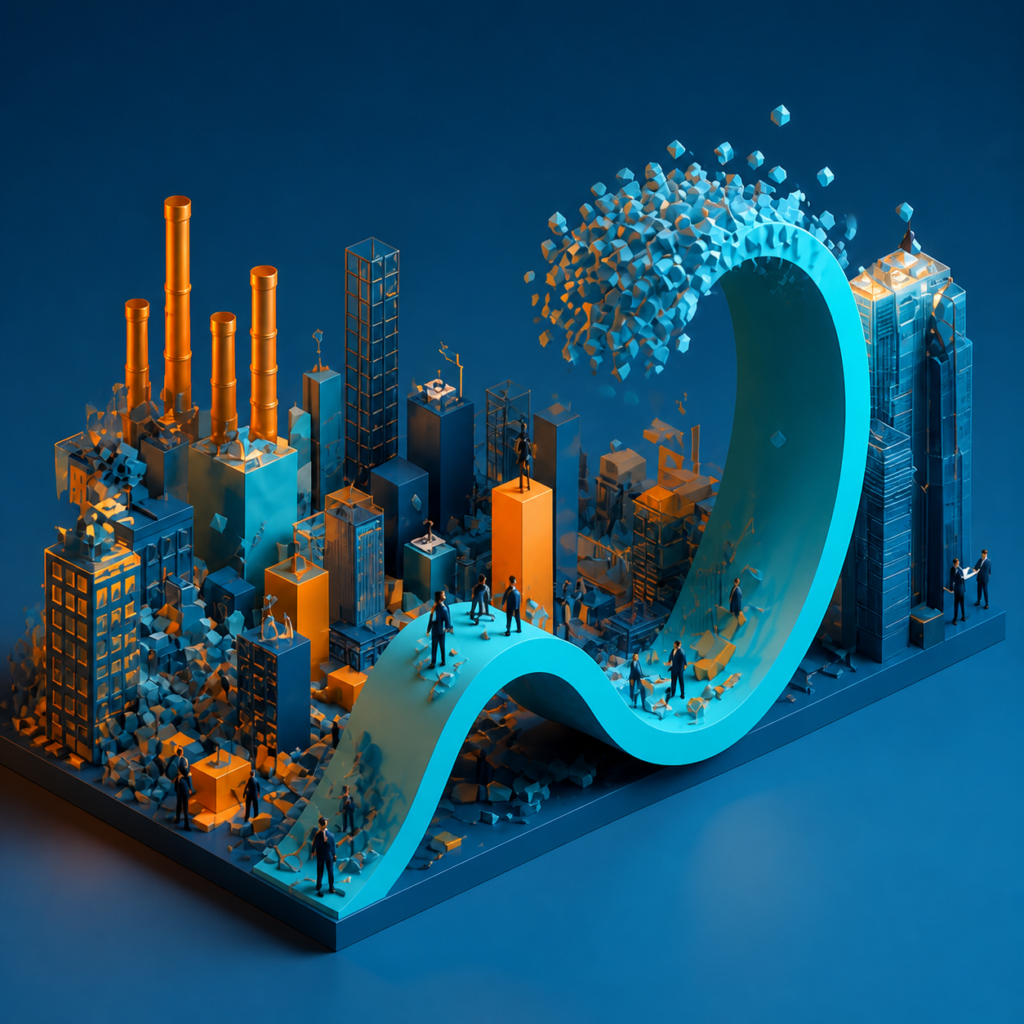 Ilustração de inovação empresarial com cidade em crescimento e curva representando evolução e desenvolvimento econômico