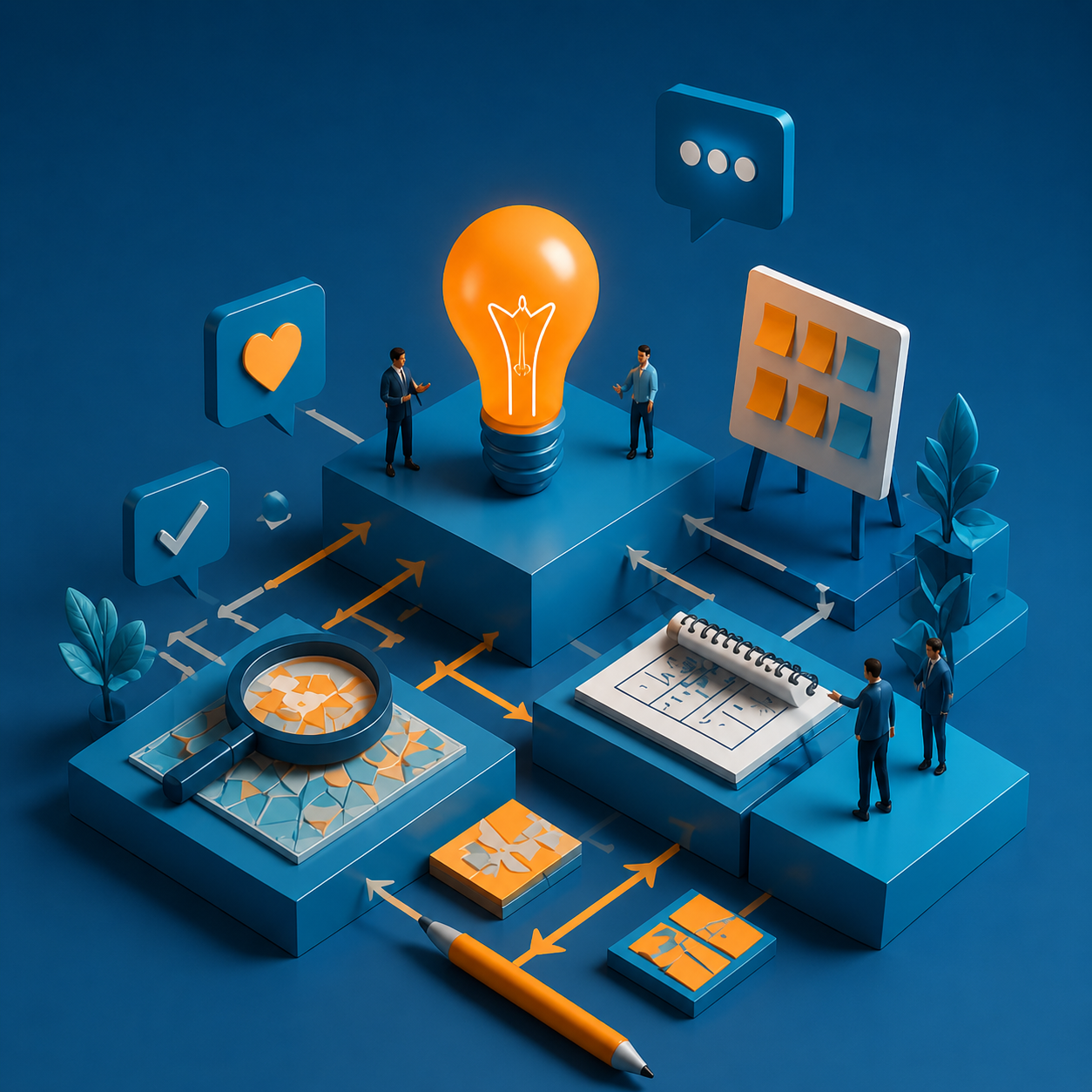 Ilustração 3D de Design Thinking com equipe analisando ideias, processos e soluções para inovação no ambiente empresarial