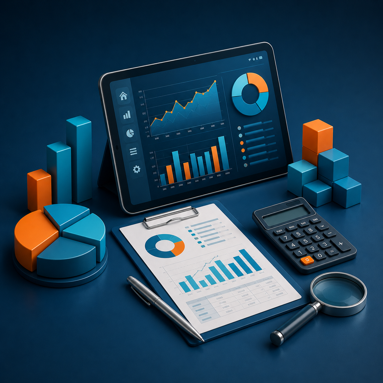 Consultoria empresarial com análise de dados, gráficos financeiros e gestão estratégica para crescimento e desempenho organizacional