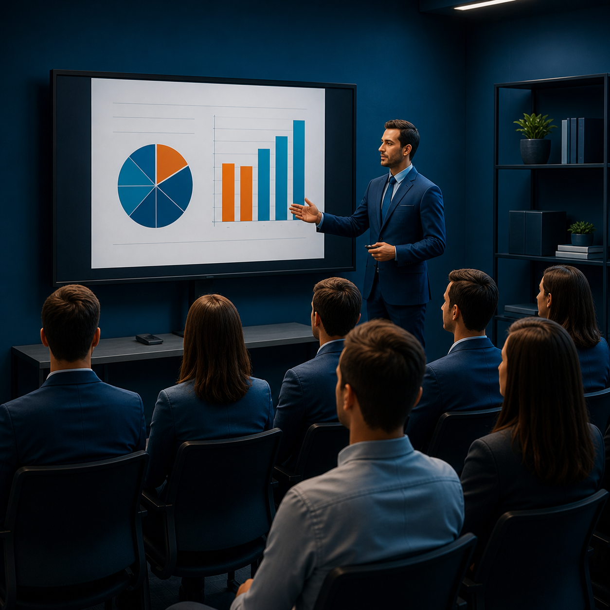 Consultoria empresarial apresentando análise de dados, gráficos financeiros e crescimento de negócios para equipe corporativa